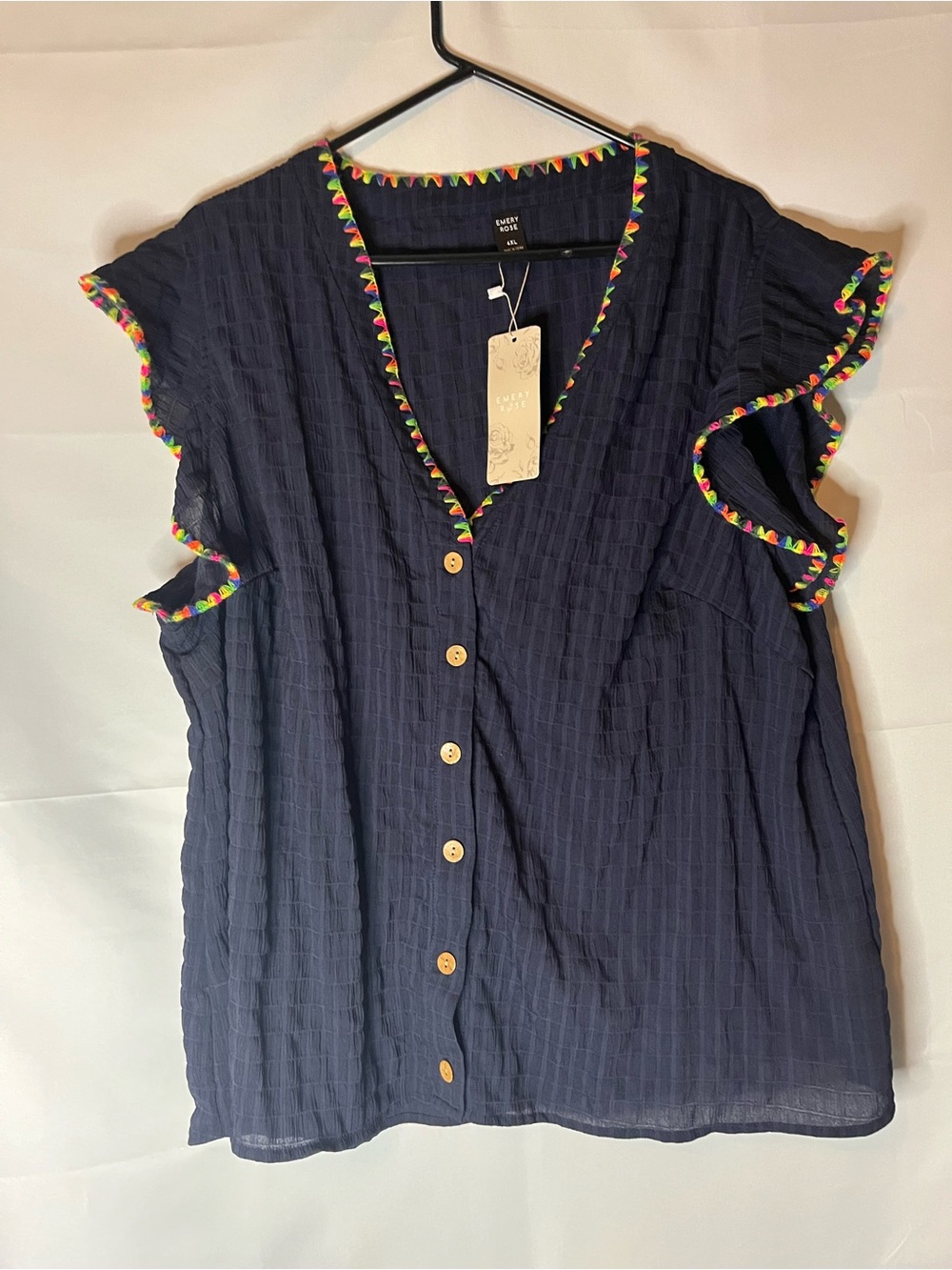 Women's Navy Sheer Button-Front Blouse with Multicolor Trim